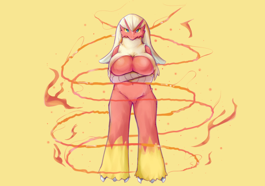 animal_feet arai_mei blaziken blonde_hair blue_eyes body_fur breasts claws colored_sclera commentary_request crossed_arms female fire full_body furry furry_female groin large_breasts legs long_hair looking_at_viewer navel neck_fur pokemon pokemon_(creature) red_fur simple_background solo standing two-tone_fur yellow_background yellow_fur yellow_sclera