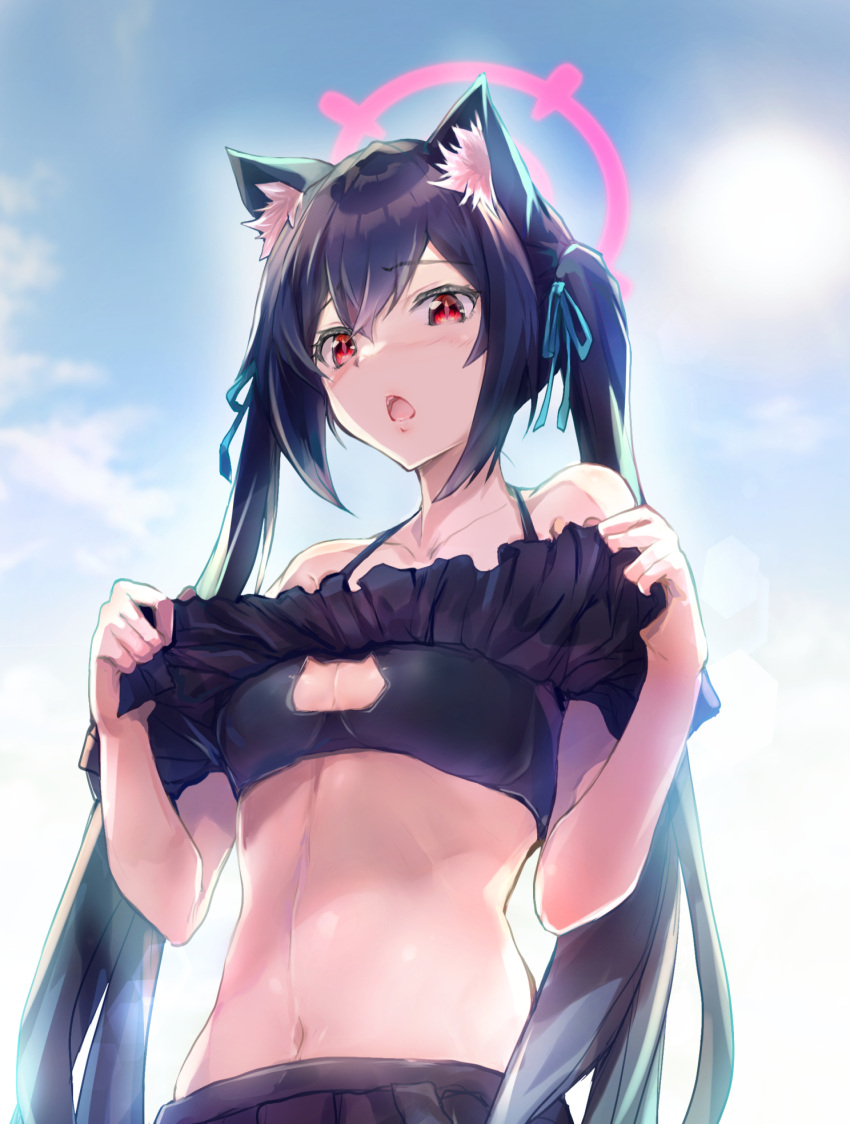 animal_ear_fluff animal_ears bikini black_bikini black_hair blue_archive blue_ribbon blue_sky breasts cat_cutout cat_ears cleavage cleavage_cutout clothing_cutout commentary_request female frilled_bikini frills hair_ribbon halo highres kashi lifting_own_clothes long_hair looking_at_viewer navel official_alternate_costume outdoors red_eyes ribbon serika_(blue_archive) serika_(swimsuit)_(blue_archive) sky small_breasts solo sun swimsuit twintails