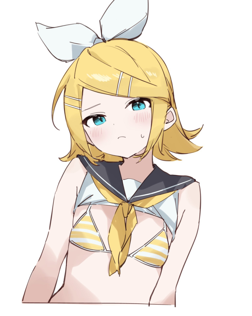 aqua_eyes blonde_hair blue_eyes blush bra closed_mouth clothes_lift female hair_ornament hair_ribbon hairclip highres kagamine_rin looking_at_viewer neckerchief rakugaki_ningen ribbon shirt shirt_lift short_hair simple_background sleeveless sleeveless_shirt solo striped_bra striped_clothes sweat two-tone_bra underwear upper_body vocaloid white_background white_bra yellow_bra yellow_neckerchief