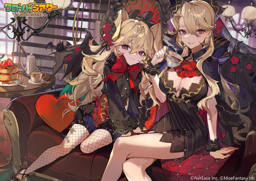 2girls ascot bat_(animal) bat_wings black_dress black_footwear black_shirt blonde_hair blueberry bow bowtie breasts catalina_(clover_theater) clover_theater commentary_request cup dress fishnet_pantyhose fishnets flower food fruit hair_between_eyes large_breasts lolita_fashion long_hair long_sleeves looking_at_viewer maple_syrup minodora_(clover_theater) multiple_girls official_art pancake pancake_stack pantyhose puffy_shorts red_ascot red_bow red_bowtie red_eyes red_flower red_rose rose saucer shirt shorts smile souffle_pancake strawberry tea teacup teapot u_tnmn vampire very_long_hair whipped_cream wings