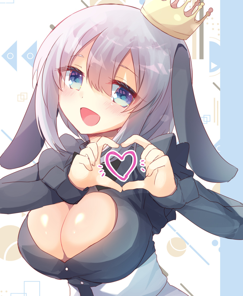 :d absurdres animal_ears aogiri_koukou blue_eyes blush breasts cleavage commentary_request crown female grey_hair hair_between_eyes heart heart_hands highres kuriyuzu_kuryuu large_breasts long_sleeves looking_at_viewer mini_crown rabbit_ears smile solo tilted_headwear upper_body virtual_youtuber white_background yamaguro_nekuro