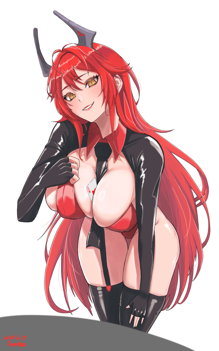 absurdres between_breasts black_thighhighs blush breasts card card_between_breasts cleavage female fingerless_gloves gloves goddess_of_victory:_nikke grin hair_between_eyes highres horns large_breasts leaning_forward leotard long_hair looking_at_viewer necktie necktie_between_breasts red_hair red_hood_(nikke) skindentation smile solo super_bee thighhighs very_long_hair white_background yellow_eyes