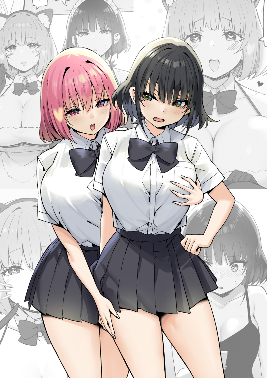 2girls absurdres akane_(sky-freedom) black_bow black_bowtie black_hair black_skirt blush bow bowtie breasts brown_eyes grabbing grabbing_another's_breast grabbing_from_behind highres huge_breasts joshi_kousei_rich_thots looking_at_viewer mio_(sky-freedom) multiple_girls open_mouth original pink_eyes pink_hair pleated_skirt school_uniform shirt short_hair short_sleeves skirt sky-freedom standing thighs white_shirt yuri