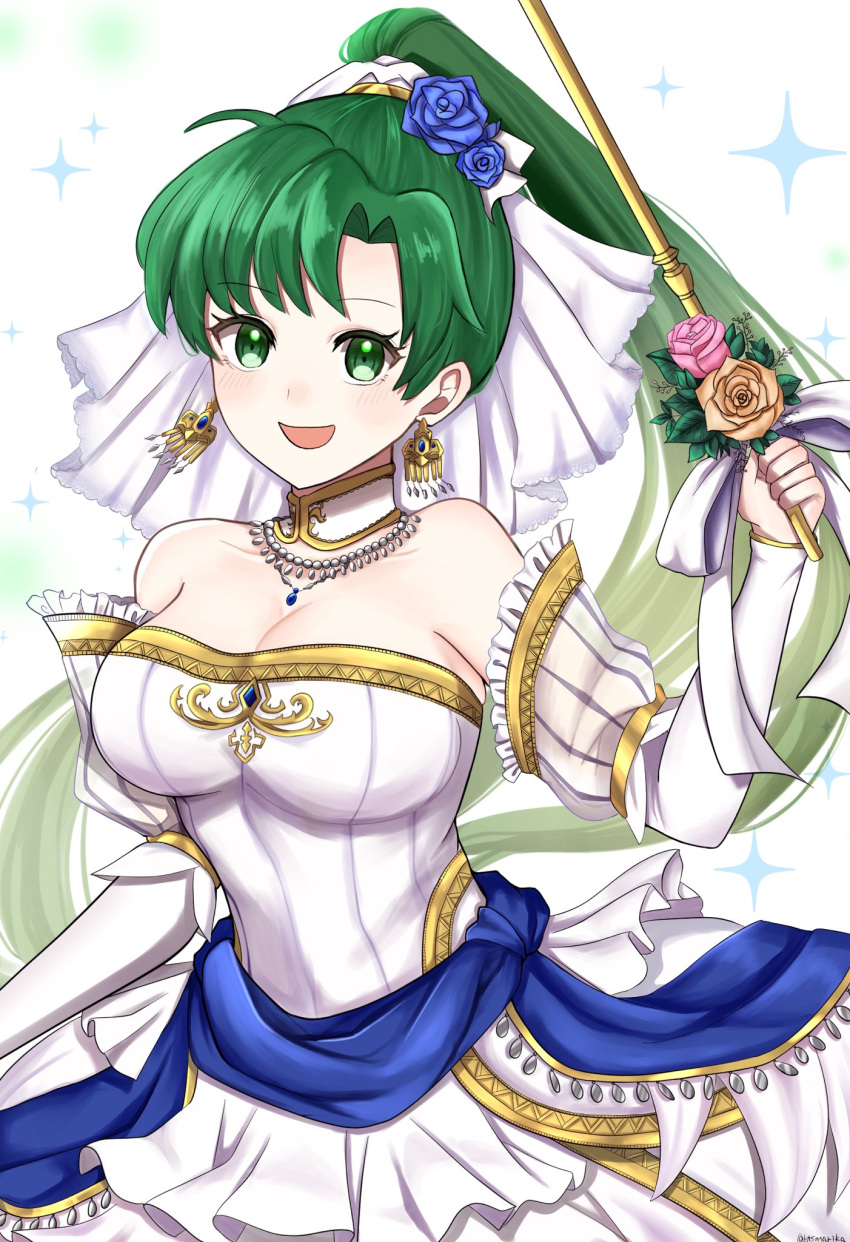 :d blue_flower blue_rose breasts bride cleavage detached_sleeves dress earrings eyelashes female fire_emblem fire_emblem:_the_blazing_blade fire_emblem_heroes flower green_eyes green_hair hair_flower hair_ornament highres holding holding_staff jewelry large_breasts long_hair lyn_(bridal)_(fire_emblem) lyn_(fire_emblem) official_alternate_costume open_mouth otokajife ponytail rose smile solo staff strapless strapless_dress upper_body very_long_hair wedding_dress white_dress