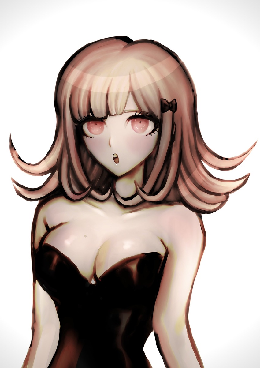 :o alternate_costume alternate_hair_ornament black_bow bow breasts brown_hair cleavage collarbone danganronpa_(series) danganronpa_2:_goodbye_despair dress female hairbow highres large_breasts medium_hair nanami_chiaki pink_eyes solo strapless strapless_dress teeth upper_body upper_teeth_only uranagi_(uranaginasi)