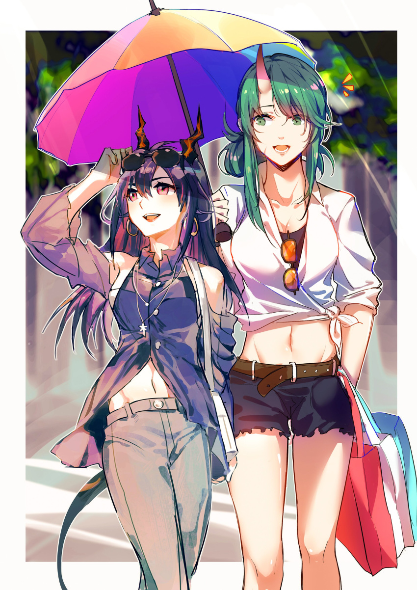 2girls absurdres alternate_costume alternate_hairstyle arknights blue_hair casual ch'en_(arknights) chinese_commentary commentary_request dark_blue_hair dragon_horns green_eyes green_hair hair_up highres horns hoshiguma_(arknights) jewelry looking_at_another looking_to_the_side midriff multiple_girls necklace pants red_eyes short_shorts shorts skin-covered_horns sunglasses umbrella yumuto_(spring1786)