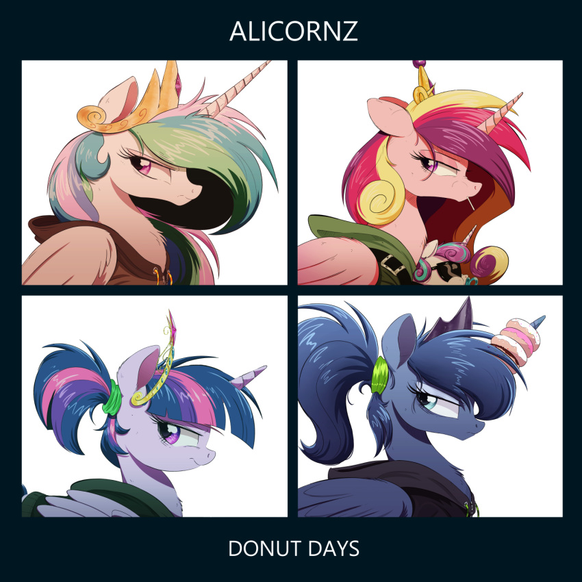 1:1 2019 accessory album_cover alicorn alternate_hairstyle amethyst_(gem) bangs black_border black_clothing black_hoodie black_topwear blonde_hair blonde_mane blue_body blue_eyes blue_eyeshadow blue_feathers blue_fur blue_hair blue_horn blue_mane border brown_clothing brown_hoodie brown_topwear bust_portrait chest_tuft clothed clothed_feral clothing cover crossover crown curled_hair daughter_(lore) demon_days dessert doughnut ear_tuft english_text equid equine eyebrows eyelashes eyeshadow eyewear feathered_wings feathers female feral flurry_heart_(mlp) food friendship_is_magic frown fur gem glistening glistening_eyes glistening_hair gold_(metal) gold_jewelry gorillaz green_clothing green_hair green_hoodie green_mane green_topwear group hair hair_accessory hair_tie half-closed_eyes hasbro headgear hi_res hoodie horn jewelry long_eyelashes long_hair long_horn long_mane looking_aside looking_at_viewer makeup mammal mane mascara messy_hair mother_(lore) mother_and_child_(lore) mother_and_daughter_(lore) multicolored_hair multicolored_mane my_little_pony mythological_creature mythological_equine mythology narrowed_eyes ncmares object_in_mouth parent_(lore) parent_and_child_(lore) parent_and_daughter_(lore) parody pastry pink_body pink_eyes pink_eyeshadow pink_feathers pink_fur pink_hair pink_horn pink_mane pivoted_ears ponytail portrait prick_ears princess princess_cadance_(mlp) princess_celestia_(mlp) princess_luna_(mlp) purple_body purple_eyes purple_feathers purple_fur purple_hair purple_horn purple_mane redraw royalty ruby_(gem) sapphire_(gem) shadow side_view simple_background smile snout sunglasses text tiara topwear tuft twilight_sparkle_(mlp) unicorn_horn unimpressed wavy_hair white_background white_body white_feathers white_fur white_horn wings young young_feral