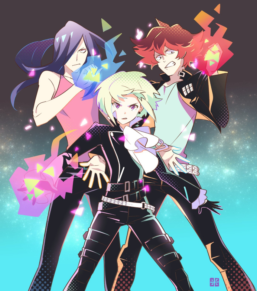 3boys ascot black_gloves black_jacket blue_fire blue_hair commentary_request fire gloves green_fire green_hair gueira hair_over_one_eye highres jacket komejiru_tatsunoshin lio_fotia long_hair mad_burnish male_focus meis_(promare) multiple_boys promare purple_eyes purple_fire pyrokinesis red_fire red_hair smile