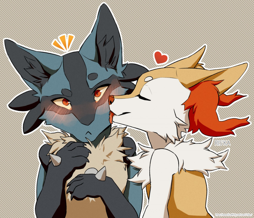 2019 ambiguous/ambiguous ambiguous_gender anthro blue_body blue_fur blush braixen canid canine duo fan_character fur generation_4_pokemon generation_6_pokemon licking lucario mammal nintendo pokemon pokemon_(species) riska_(artist) simple_background tongue tongue_out yellow_body yellow_fur