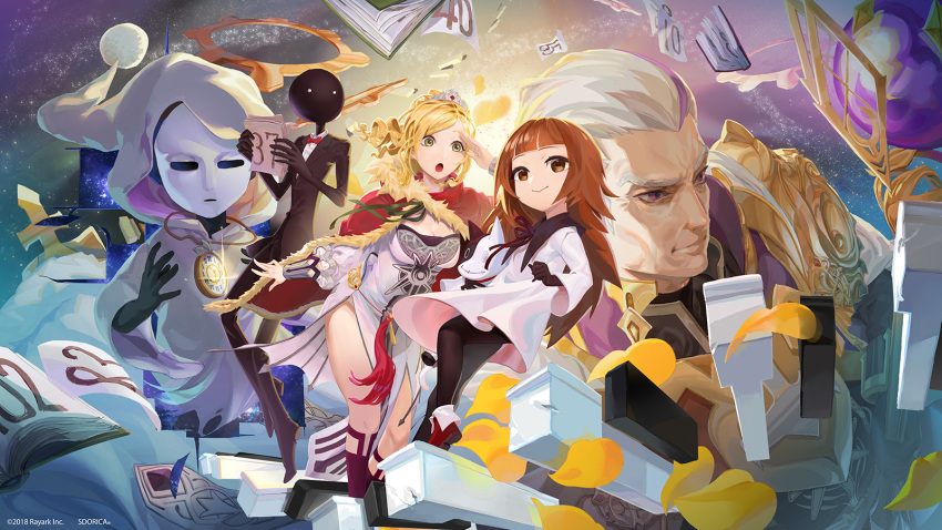 2boys 3girls :o alice_(deemo) alice_(sdorica) angelia_carlos armor b.c.n.y. black_legwear black_skin blonde_hair blunt_bangs book bracer breasts brown_hair cape colored_skin commentary_request crossover dated deemo deemo_(character) feline formal highres hood key long_hair mask masked_lady_(deemo) medium_breasts multicolored_hair multiple_boys multiple_girls official_art open_book orb papers photoshop_(medium) piano_keys purple_hair red_cape sdorica smile suit theodore_(sdorica) tiara two-tone_hair watch watermark white_hair wide_sleeves