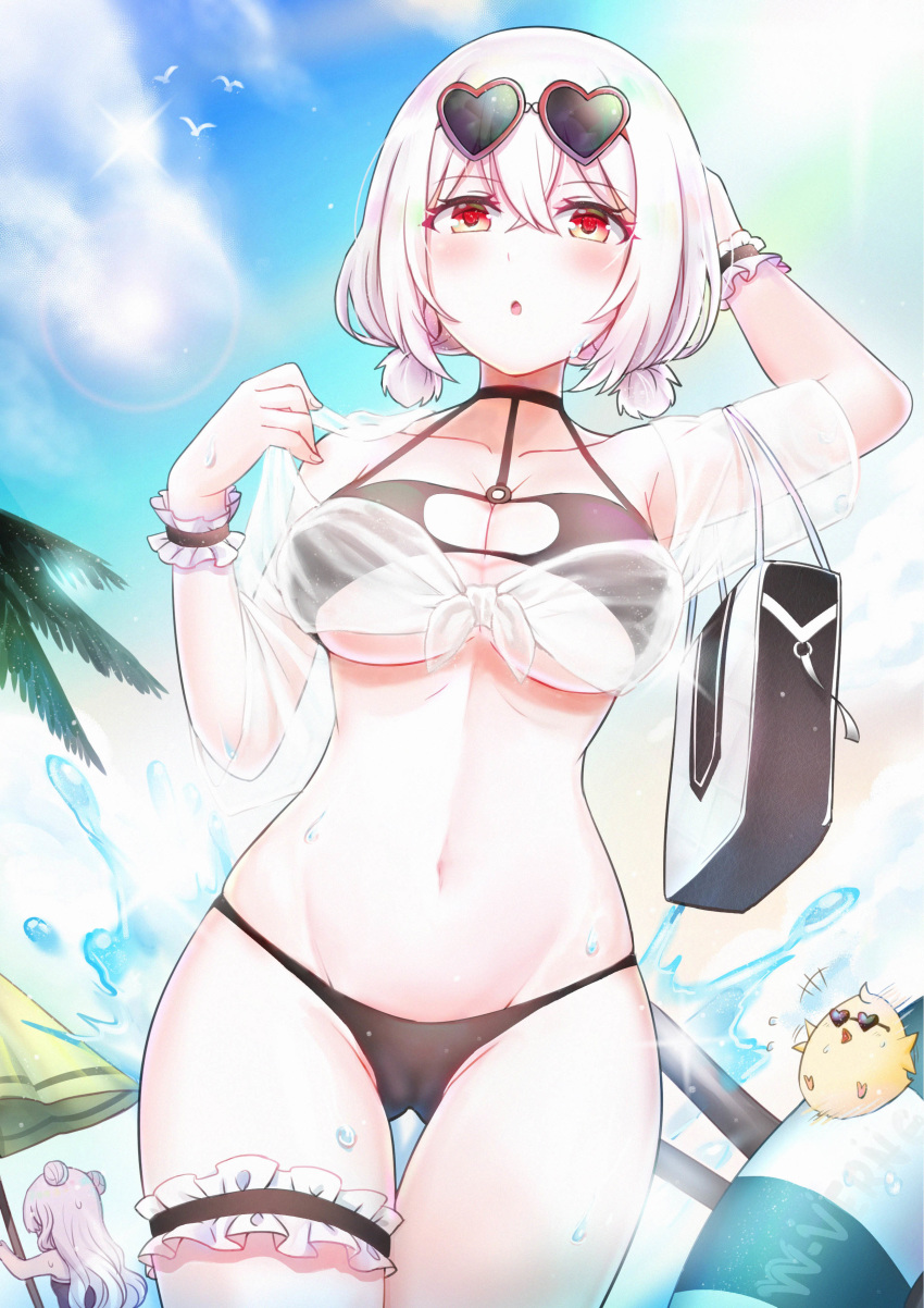 2girls absurdres azur_lane bag bare_shoulders bikini black_bikini blush breasts choker cleavage collarbone commentary_request crossed_bangs day double_bun eyewear_on_head from_below hair_between_eyes hair_bun heart heart-shaped_eyewear highres innertube large_breasts le_malin_(azur_lane) long_hair looking_at_viewer manjuu_(azur_lane) multiple_girls navel o-ring o-ring_top official_alternate_costume open_mouth outdoors photoshop_(medium) red_eyes see-through short_hair short_twintails shoulder_bag sirius_(azur_lane) sirius_(scorching-hot_seirios)_(azur_lane) sky sunglasses swim_ring swimsuit thigh_strap twintails w-verne water wet white_hair