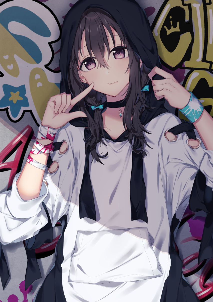 bandaged_arm bandages black_choker black_hair blood blood_on_bandages blue_bow bow brown_eyes choker closed_mouth commentary_request drawstring female fujiwara_hajime graffiti hair_between_eyes hairbow hands_up head_tilt highres hood hood_up hoodie idolmaster idolmaster_cinderella_girls long_hair long_sleeves minamiya_mia puffy_long_sleeves puffy_sleeves solo white_hoodie wristband