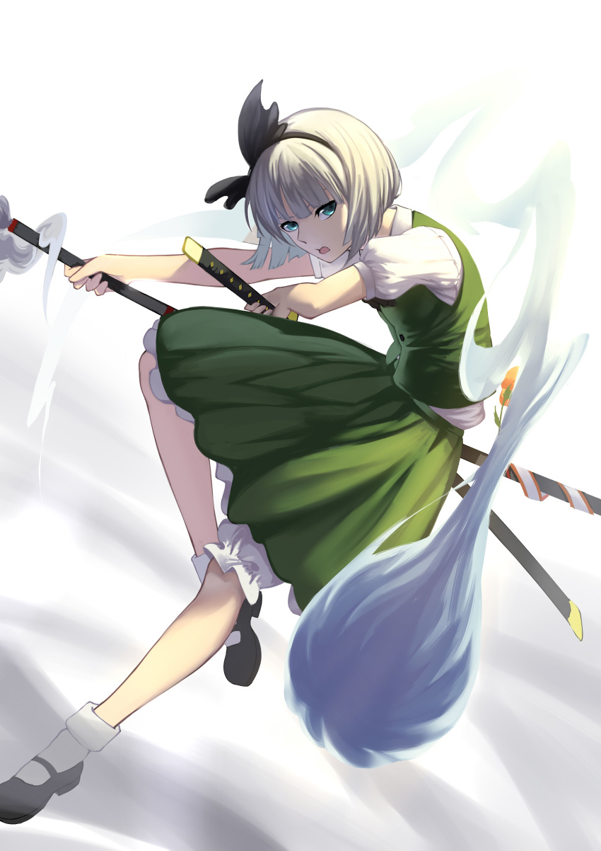 absurdres black_bow black_footwear black_hairband blue_eyes bow commentary_request female green_skirt green_vest hairband hairbow highres hitodama holding holding_sword holding_weapon katana konpaku_youmu konpaku_youmu_(ghost) open_mouth puffy_short_sleeves puffy_sleeves ribbon sheath short_hair short_sleeves simple_background skirt socks solo sword takamitsu-kun touhou vest weapon white_hair white_socks