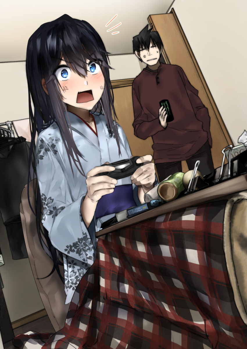 1boy anger_vein araido_kagiri black_hair blue_eyes can clutter commentary_request controller door doorway dualshock female floral_print game_controller gamepad hair_between_eyes highres holding holding_can indoors japanese_clothes kimono kotatsu long_hair long_sleeves monster_energy mr.monster_(araido_kagiri) obi open_mouth original paperclip pillow playing_games playstation_controller rectangular_mouth sash shirt short_hair sidelocks sitting sweatdrop table under_kotatsu under_the_table yuki_onna yuki_onna_(araido_kagiri)