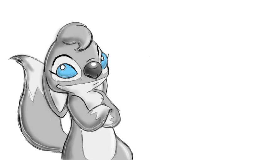 2007 alien black_nose blue_eyes cling_(littletiger488) crossed_arms digital_drawing_(artwork) digital_media_(artwork) dipstick_tail disney experiment_(lilo_and_stitch) fan_character fur gloves_(marking) grey_body grey_fur lilo_and_stitch looking_at_viewer markings multicolored_body multicolored_fur multicolored_tail simple_background smile solo standing tail tail_markings thex-plotion two_tone_body two_tone_fur white_background