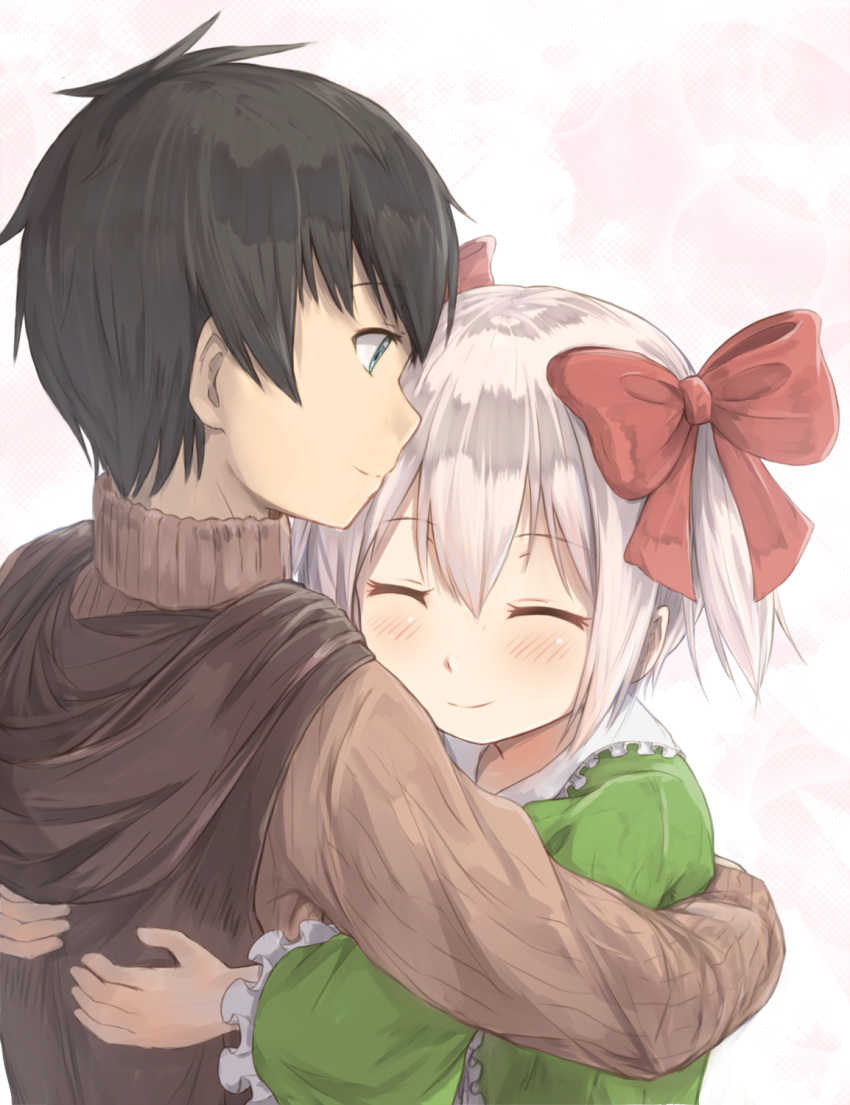 1boy ^_^ black_hair blush bow brown_sweater closed_eyes closed_mouth commentary dale_lecky dress english_commentary engrish_commentary female frilled_sleeves frills green_dress green_eyes hair_between_eyes hairbow highres hikari_niji hug latina_(uchi_no_musume_no_tame_naraba) long_sleeves profile red_bow ribbed_sweater short_twintails sidelocks smile sweater twintails uchi_no_musume_no_tame_naraba_ore_wa_moshikashitara_maou_mo_taoseru_kamo_shirenai. white_hair wide_sleeves