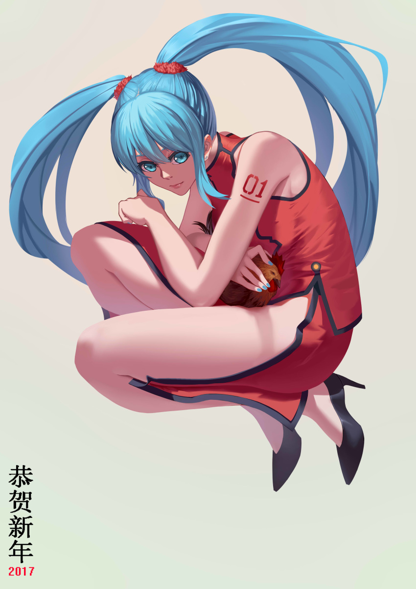 2017 absurdres aqua_eyes aqua_hair arm_tattoo bird black_footwear blue_eyes blue_hair blue_nails chicken china_dress chinese_clothes commentary dated dress female full_body hatsune_miku high_heels highres long_hair looking_at_viewer male_chicken nengajou new_year red_dress simple_background sleeveless sleeveless_dress smile solo squatting takamitsu-kun tattoo twintails very_long_hair vocaloid