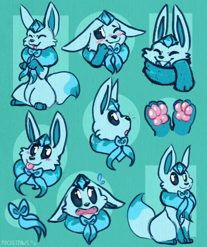 2019 blep blue_body blue_fur blue_theme blush bodily_fluids bow_(feature) closed_eyes conditional_dnp eeveelution emanata fan_character feral flying_sweatdrops fur generation_4_pokemon glaceon happy hi_res hybrid looking_back male model_sheet nintendo one_eye_closed pawpads paws pocketpaws pokemon pokemon_(species) scared scarf shiver_(shivereevee) sitting smile solo standing surprise sweat sweatdrop tongue tongue_out wink