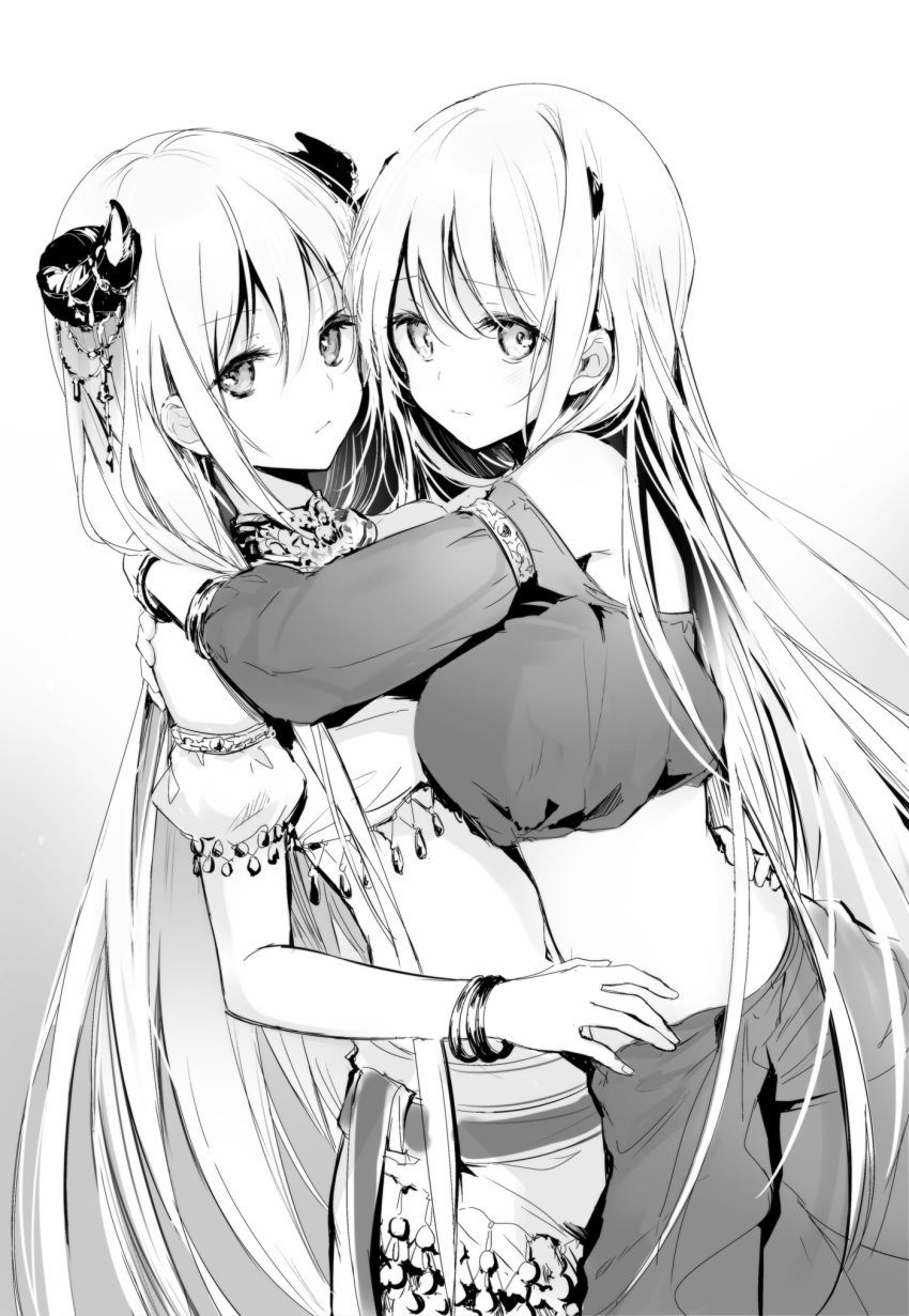 2girls bracelet choker closed_mouth crop_top detached_sleeves dutch_angle floating_hair from_side greyscale hair_between_eyes hand_on_another's_hip highres horns hug jewelry kei_(k_tmr) latina_(uchi_no_musume_no_tame_naraba) long_hair looking_at_viewer monochrome multiple_girls non-web_source novel_illustration off_shoulder official_art short_sleeves siblings simple_background sisters skirt standing twins uchi_no_musume_no_tame_naraba_ore_wa_moshikashitara_maou_mo_taoseru_kamo_shirenai. very_long_hair white_background