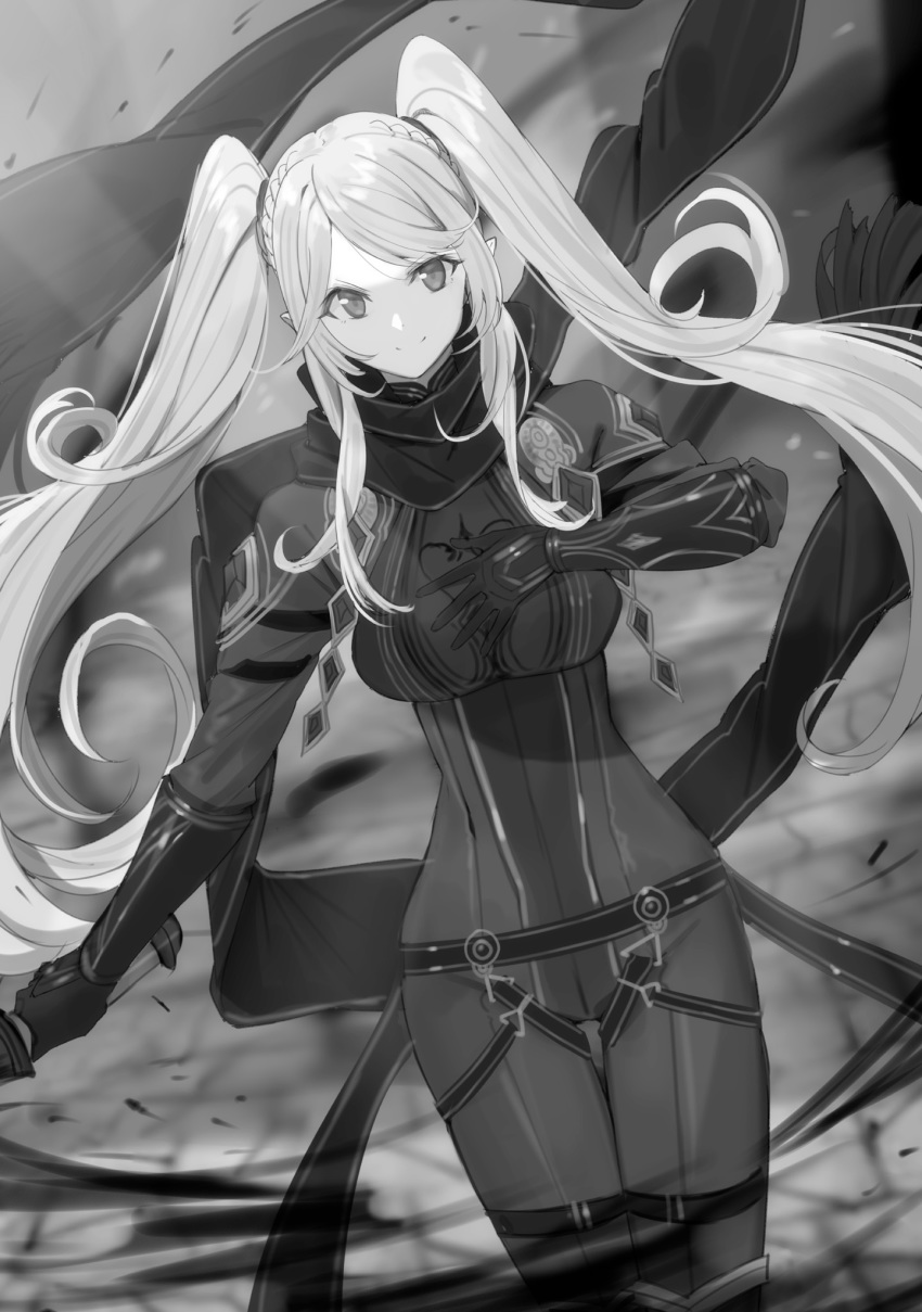 blurry blurry_background bodysuit breasts closed_mouth cowboy_shot dutch_angle epsilon_(kage_no_jitsuryokusha_ni_naritakute!) female floating_hair gloves greyscale hair_ornament highres holding holding_weapon kage_no_jitsuryokusha_ni_naritakute! long_hair looking_at_viewer medium_breasts monochrome non-web_source novel_illustration official_art pointy_ears scarf smile solo standing swept_bangs thigh_gap touzai_(poppin_phl95) twintails very_long_hair weapon