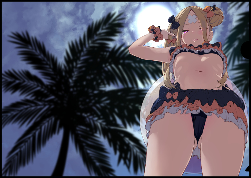 abigail_williams_(emerald_float)_(fate) abigail_williams_(fate) ass_visible_through_thighs bandaid bandaid_on_face bandaid_on_forehead bare_shoulders bikini black_bikini black_bow blonde_hair blue_sky blush bow breasts commentary_request crossed_bandaids fate/grand_order fate_(series) female forehead frilled_bikini frills from_below hair_bun hair_half_undone hairbow highres iwasaki_takashi licking_lips long_hair looking_at_viewer looking_down navel official_alternate_costume orange_bow palm_tree parted_bangs purple_eyes single_hair_bun sky small_breasts smile solo sunlight swimsuit thighs tongue tongue_out tree underboob