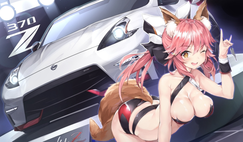 animal_ear_fluff animal_ears black_ribbon blush breasts car cleavage collarbone commentary_request fate/extra fate_(series) female fox_ears fox_girl fox_tail gedou_(shigure_seishin) hair_ribbon holding holding_key key large_breasts looking_at_viewer motor_vehicle nissan nissan_370z nissan_fairlady_z one_eye_closed open_mouth pink_hair ribbon solo sports_car tail tamamo_(fate) tamamo_no_mae_(fate/extra) vehicle_focus yellow_eyes