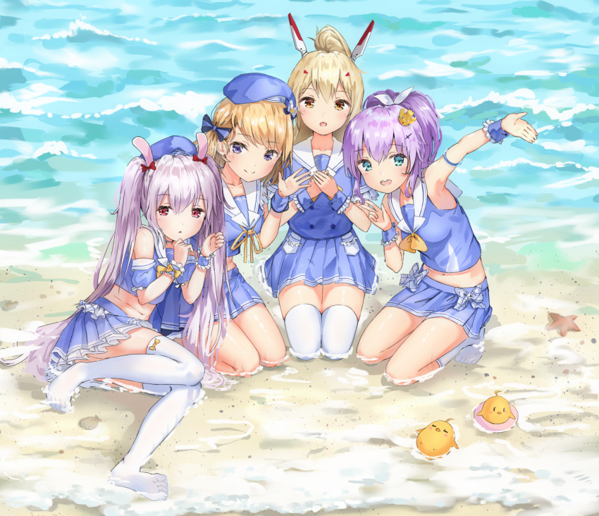 4girls arawado ayanami_(azur_lane) ayanami_(grade_a_sailor_uniform)_(azur_lane) azur_lane bare_arms bare_shoulders beach closed_mouth collarbone commentary_request crown detached_sleeves green_eyes grey_eyes hair_ribbon hands_on_own_chest hat highres javelin_(azur_lane) javelin_(let's_become_waitresses!)_(azur_lane) kneeling laffey_(azur_lane) laffey_(bunny_clerk?)_(azur_lane) long_hair looking_at_viewer manjuu_(azur_lane) midriff multiple_girls no_shoes ocean official_alternate_costume open_mouth orange_eyes outdoors pleated_skirt red_eyes ribbon short_hair skirt smile socks starfish thighhighs twintails v waving wet wet_clothes white_thighhighs wrist_cuffs z23_(azur_lane) z23_(perfect_smile?)_(azur_lane)