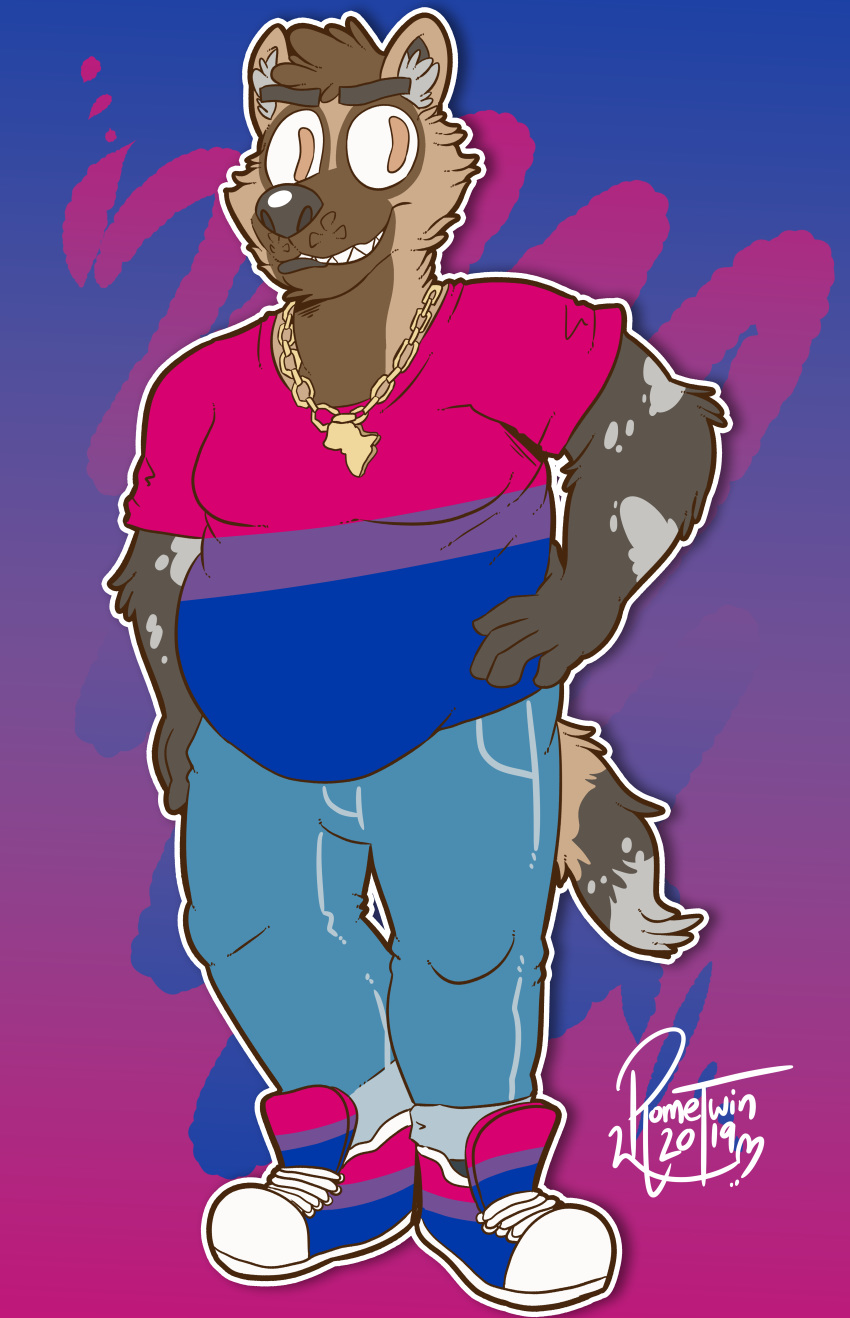 2019 absurd_res african_wild_dog anthro belly bisexual_pride_colors black_nose brown_body brown_eyes brown_fur canid canine chains clothing darius_davis digital_media_(artwork) footwear frohawk fur gold_(metal) gold_chain hair hi_res jewelry lgbt_pride male mammal multicolored_body multicolored_fur necklace pride_color_clothing pride_color_footwear pride_color_shirt pride_color_shoes pride_color_topwear pride_colors romecartoons shirt shoes sneakers solo topwear