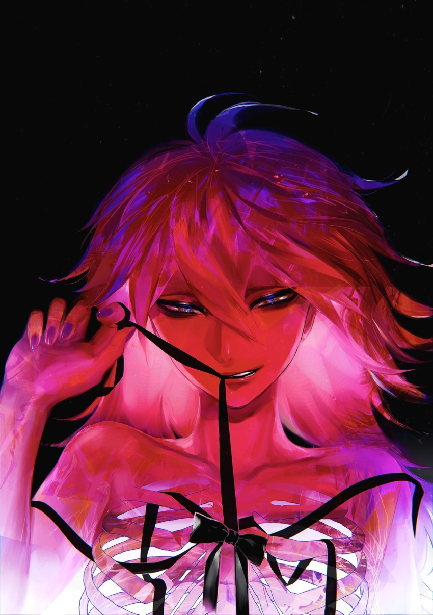 androgynous black_background black_bow black_ribbon fingernails gem humanoid land_of_the_lustrous long_hair looking_at_viewer padparadscha_(land_of_the_lustrous) purple_fingernails red_eyes red_hair red_skin ribbon_in_mouth ribcage shiny_hair shiny_skin skeleton spiky_hair transparent_body unknown_artist unknown_gender white_sclera