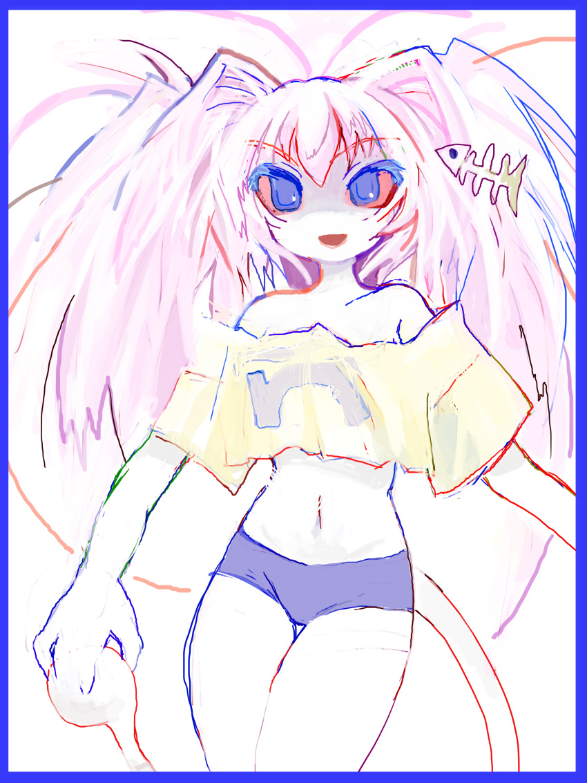 8eyes absurd_res bangs big_hair bloodshot_eyes bottomwear clothing crop_top female fishbone girl_(8eyes) hair hi_res humanoid organicgirl_(8eyes) pink_hair shirt shorts smile solo tail tailed_humanoid topwear yogurt200