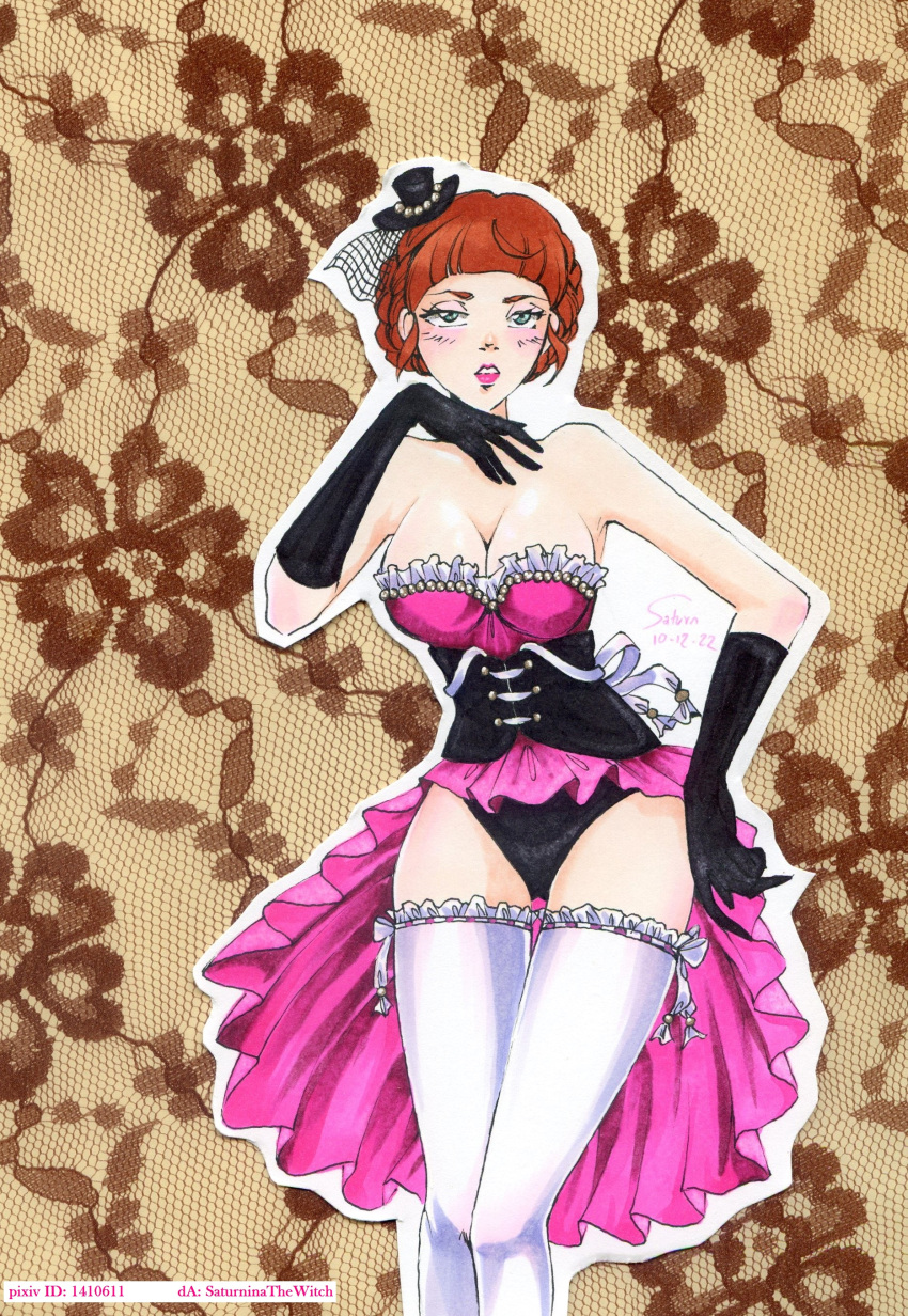 absurdres artist_name black_gloves braid breasts burlesque cleavage corset elbow_gloves female gloves hair_bun highres lace_background lingerie martha_louise_hudson red_hair saturninka showgirl showgirl_skirt single_hair_bun solo teddy_(lingerie) thighhighs underwear yuukoku_no_moriarty