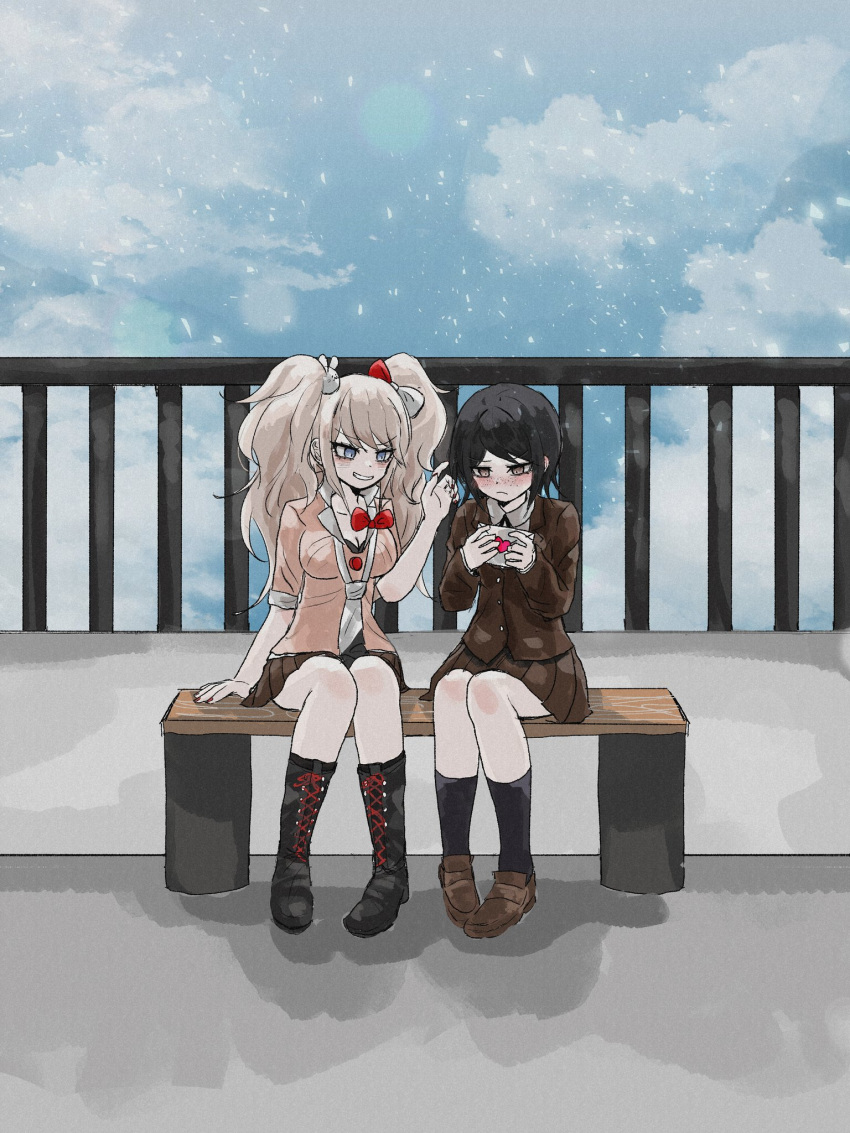 2girls bench black_hair bow breasts cloud danganronpa_(series) danganronpa_3_(anime) day enoshima_junko freckles hair_ornament hairbow highres hope's_peak_academy_school_uniform ikusaba_mukuro kaomiod long_hair love_letter miniskirt multiple_girls pleated_skirt rabbit_hair_ornament red_bow school_uniform shirt short_hair sitting skirt twintails