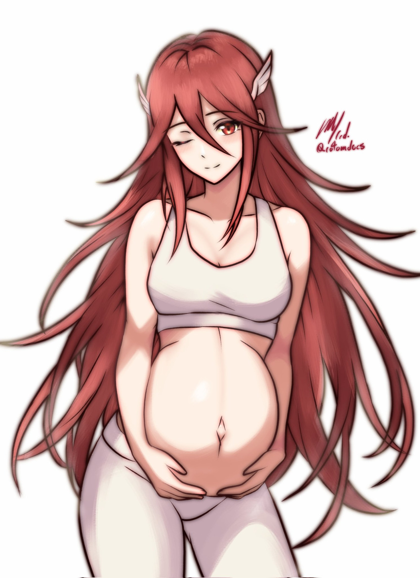 breasts cleavage cordelia_(fire_emblem) english_commentary female fire_emblem fire_emblem_awakening hair_between_eyes hands_on_own_stomach highres long_hair looking_at_viewer medium_breasts one_eye_closed pants pregnant red_eyes red_hair rotomdocs smile solo sports_bra very_long_hair white_pants white_sports_bra wing_hair_ornament