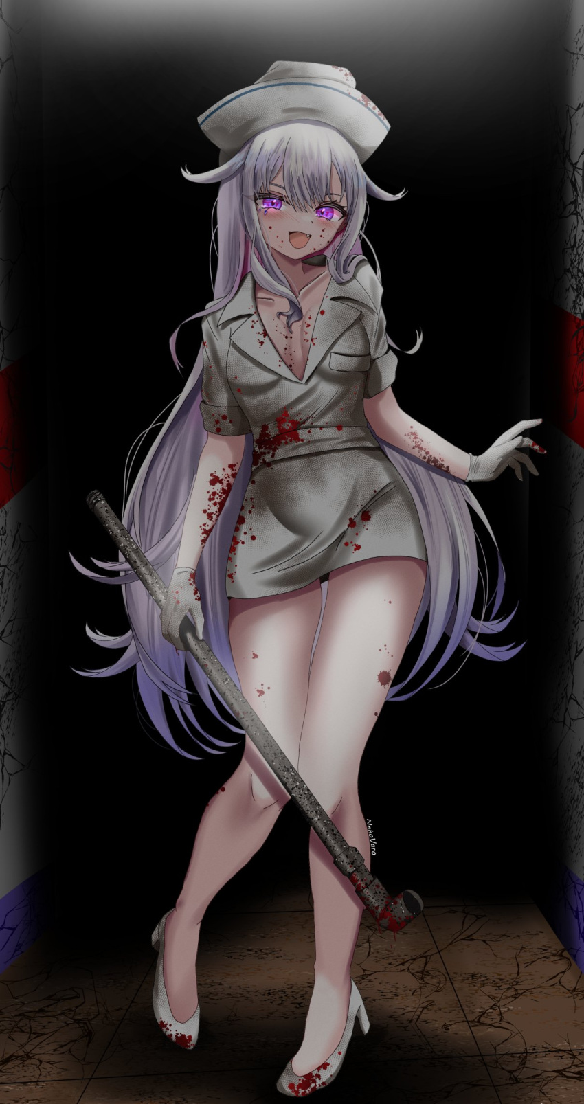 blood blood_on_body blood_on_clothes blush breasts cleavage colored_inner_hair cosplay dress female gloves grey_dress grey_hair grey_hat hair_flaps hat high_heels highres holding holding_lead_pipe hololive hololive_english koseki_bijou lead_pipe long_hair looking_at_viewer multicolored_hair nurse_(silent_hill) nurse_(silent_hill)_(cosplay) oerba_yun_fang open_mouth pink_hair purple_eyes silent_hill_(series) silent_hill_2 small_breasts smile solo varo_006 very_long_hair virtual_youtuber white_footwear white_gloves