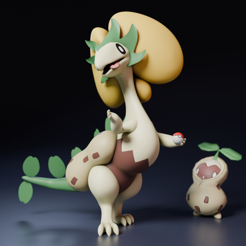 anthro duo elemental_creature feral flora_fauna food food_creature fruit head_tilt hi_res leaf leaf_hair leaf_tail living_fruit long_neck looking_at_viewer nintendo nut_(fruit) plant plant_hair pokeball pokemon pokemon_(species) presenting pseudo_hair simple_background smile solo standing tail tongue tongue_out unknown_artist