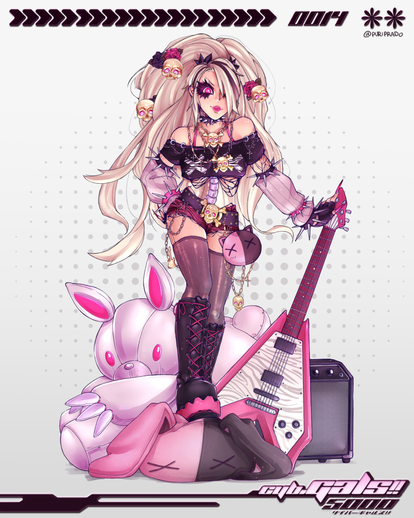 absurdres amplifier animal_print arm_behind_back big_hair black_footwear black_shirt black_thighhighs blonde_hair boots bright_pupils charm_(object) claws collar commentary crop_top cross-laced_footwear electric_guitar english_commentary eyelashes female glowing glowing_eyes guitar gyaru hair_over_one_eye highres instrument lace-up_boots long_hair looking_at_viewer monster_girl nail_polish original pink_eyes pink_nails ponytail punk puri_prado see-through_clothes see-through_thighhighs shirt skull solo spiked_collar spikes spine stepping stuffed_animal stuffed_rabbit stuffed_toy thighhighs very_long_fingernails wavy_hair white_pupils zebra_print zettai_ryouiki