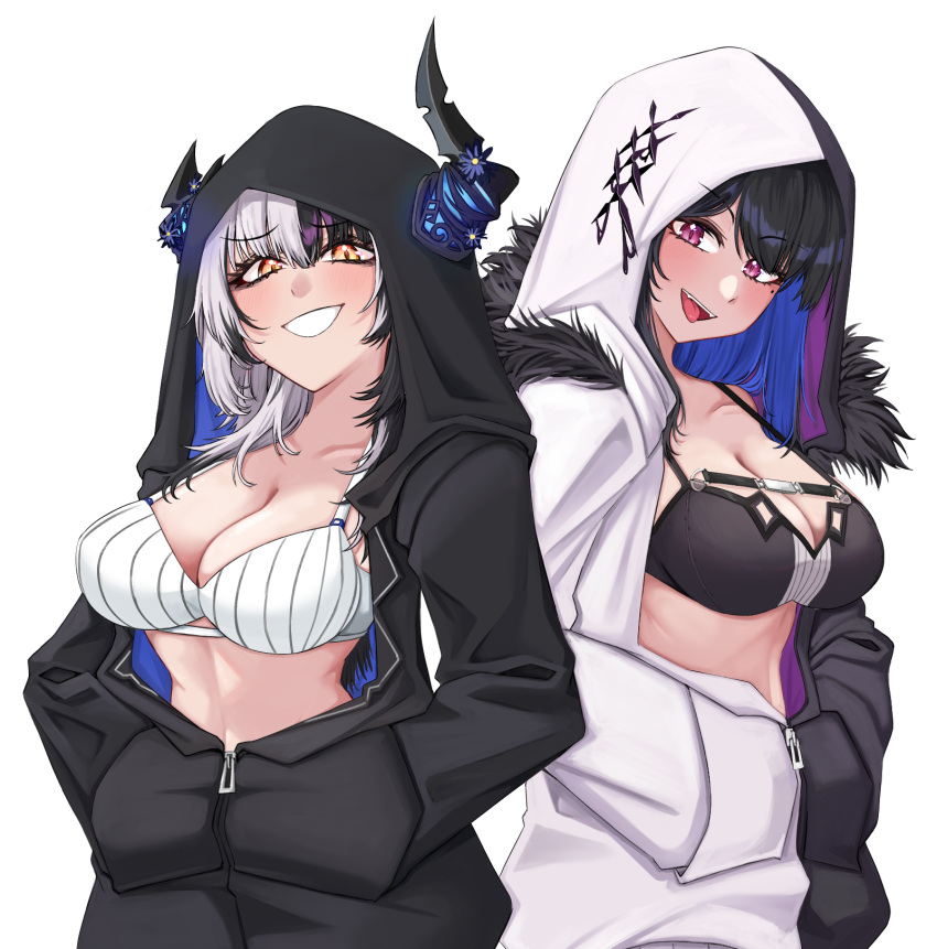 black_pajamas breasts couple hair_through_hood highres holoadvent hololive hololive_english hood hood_up hooded_pajamas large_breasts long_hair mmneko nerissa_ravencroft open_mouth open_pajamas pajamas shiori_novella simple_background striped_clothes striped_pajamas teeth two-tone_pajamas virtual_youtuber white_pajamas yuri