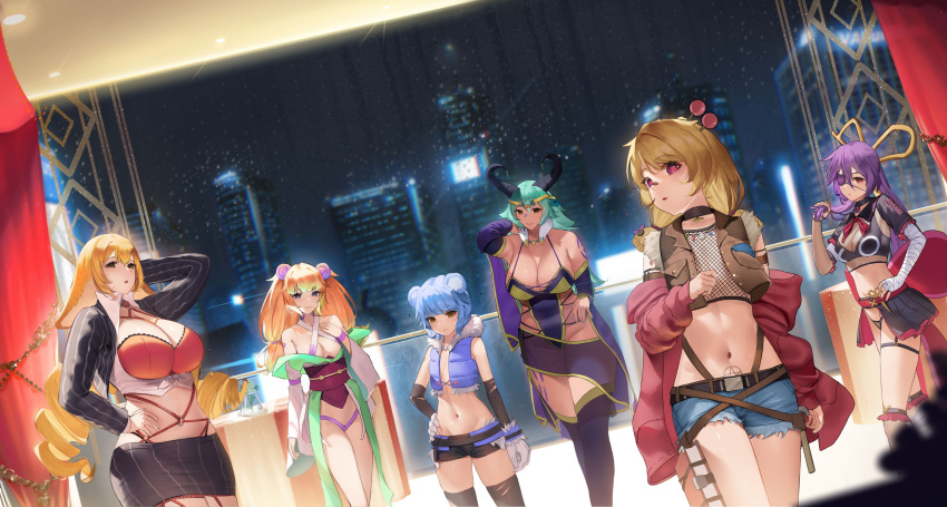 6+girls :o absurdres azura_dulait cityscape highres icey_snowpaws immy_bisou indoors looking_at_viewer mercy_modiste multiple_girls navel night riidu_2227 shibi_cottonbum standing stomach stronny_cuttles vallure virtual_youtuber window