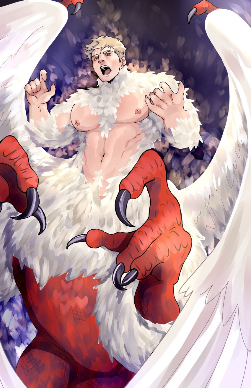 1boy absurdres bara blonde_hair centauroid chimera claws commentary dungeon_meshi feathered_wings feathers highres laancer_(blovednight) laios_touden laios_touden_(chimera) large_pectorals male_focus monster_boy muscular muscular_male navel nipples open_mouth pectorals red_scales short_hair solo talons taur white_feathers wings yellow_eyes