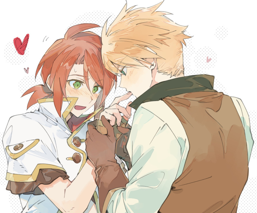 2boys blonde_hair blush brown_gloves brown_vest finger_in_another's_mouth fingerless_gloves gloves green_eyes guy_cecil halftone heart high_collar highres holding_hands long_sleeves looking_at_another luke_fon_fabre male_focus medium_hair multiple_boys open_mouth ponytail red_hair shirt short_hair short_sleeves simple_background smile tales_of_(series) tales_of_the_abyss vest white_shirt xing_20 yaoi