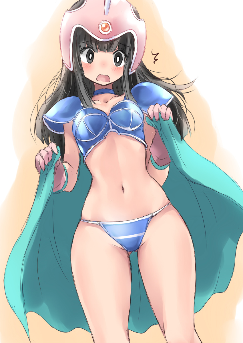 armor ass_visible_through_thighs bikini bikini_armor black_eyes black_hair blue_bikini blue_cape cape chi-chi_(dragon_ball) dragon_ball female garnet.planet gloves helmet highres long_hair navel open_mouth pink_gloves pink_helmet solo swimsuit