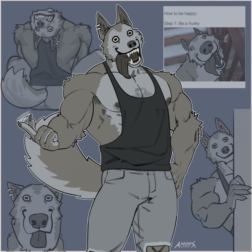 1:1 amon-sydonai anthro canid canine canis creepypasta domestic_dog fur harry_(amon-sydonai) hi_res horizontal_pupils husky male mammal muscular muscular_anthro muscular_male nipples nordic_sled_dog pupils sharp_teeth smile.dog spitz tail teeth tongue tongue_out