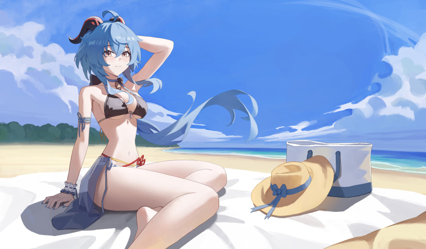 absurdres ahoge bare_shoulders barefoot bikini blue_hair blue_sky breasts cloud commission day female foot_out_of_frame ganyu_(genshin_impact) genshin_impact hat highres horns llami_0 long_hair looking_at_another medium_breasts navel sky smile solo stomach sun_hat swimsuit thighs very_long_hair