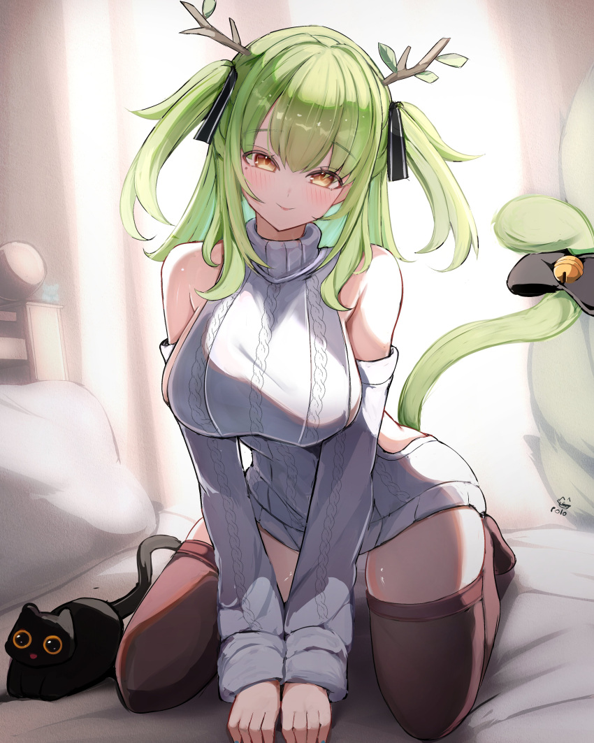 :p absurdres antlers armpit_crease backless_dress backless_outfit bare_shoulders bed bedroom bell black_cat black_footwear black_thighhighs blush bow breasts cat_tail ceres_fauna detached_sleeves dress feline female green_hair grey_sweater hair_over_shoulder hairbow highres hololive hololive_english horns kneeling leaf looking_at_viewer meme_attire mole mole_under_eye nail_polish pillow psypolo_d sideboob solo sweater sweater_dress tail thighhighs tongue tongue_out tree_horns turtleneck turtleneck_sweater twintails virgin_killer_sweater yellow_eyes