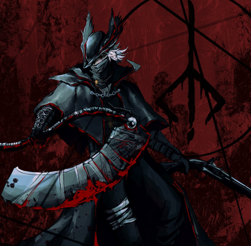 1other ambiguous_gender black_background blood blood_on_weapon bloodborne coat gloves gun hat highres holding holding_weapon huanyan420112 hunter_(bloodborne) long_sleeves mask mouth_mask red_background saw saw_cleaver solo standing tricorne weapon