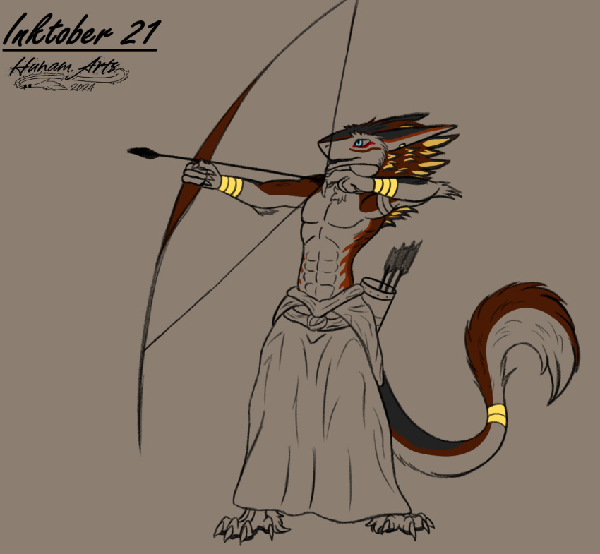 anthro apsel_(sergal) archery arrow_(weapon) blue_eyes bow_(weapon) claws clothing fur fur_markings gold_(metal) gold_jewelry hair hunamarts inktober_2024 jewelry male markings muscular muscular_male piercing quiver_(object) ranged_weapon sergal shooting solo tail weapon