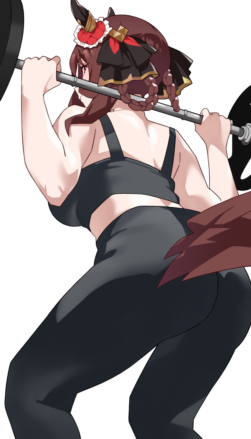 absurdres animal_ears ass bare_shoulders black_leggings black_sports_bra breasts brown_hair commentary_request exercising feet_out_of_frame female from_behind gentildonna_(umamusume) hair_ornament highres holding horse_ears horse_girl horse_tail leggings medium_breasts medium_hair nape pirukusu red_eyes simple_background solo sports_bra squatting tail tail_through_clothes umamusume weightlifting white_background