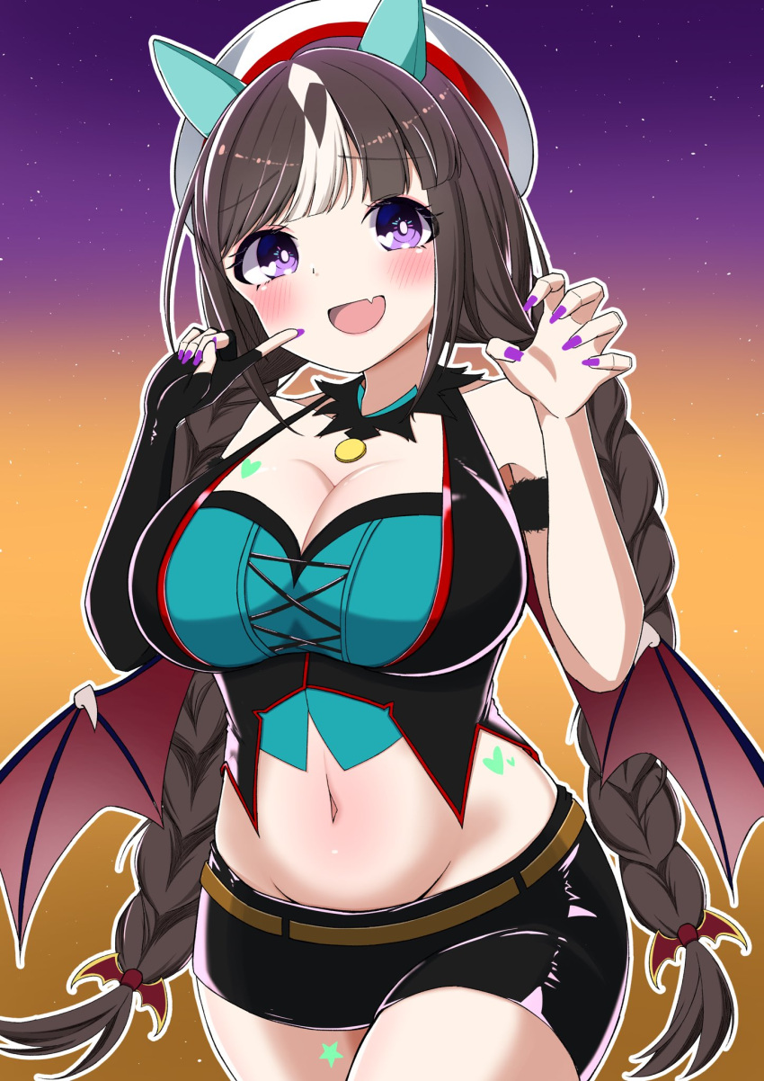 belt black_gloves black_hair black_shorts braid breasts brown_belt claw_pose cleavage commentary cosplay cowboy_shot crop_top demon_wings ear_covers female fingerless_gloves fingernails gloves green_shirt groin halloween halloween_costume halterneck highres hokko_tarumae_(umamusume) large_breasts long_hair looking_at_viewer low-tied_long_hair low_twin_braids low_wings mejiro_palmer_(devil_in_the_moonlight)_(umamusume) mejiro_palmer_(umamusume) mejiro_palmer_(umamusume)_(cosplay) micro_shorts midriff miya_(m9kl) multicolored_hair navel night night_sky oerba_yun_fang open_mouth orange_sky outline purple_eyes purple_nails purple_sky sharp_fingernails shirt shorts single_glove skin_fang sky smile solo standing star_(sky) starry_sky twin_braids two-tone_hair umamusume white_hair white_outline wings