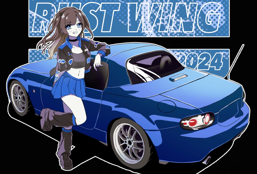 2024 black_choker black_footwear black_jacket black_leg_warmers black_shirt blue_car blue_skirt breasts brown_hair car choker cropped_shirt female highres jacket leg_warmers looking_at_viewer mazda mazda_mx-5 mazda_mx-5_nc medium_breasts midriff motor_vehicle mugi_(marineblue134) navel original parted_lips pleated_skirt radio_antenna shirt skirt smile solo sports_car two_side_up vehicle_focus