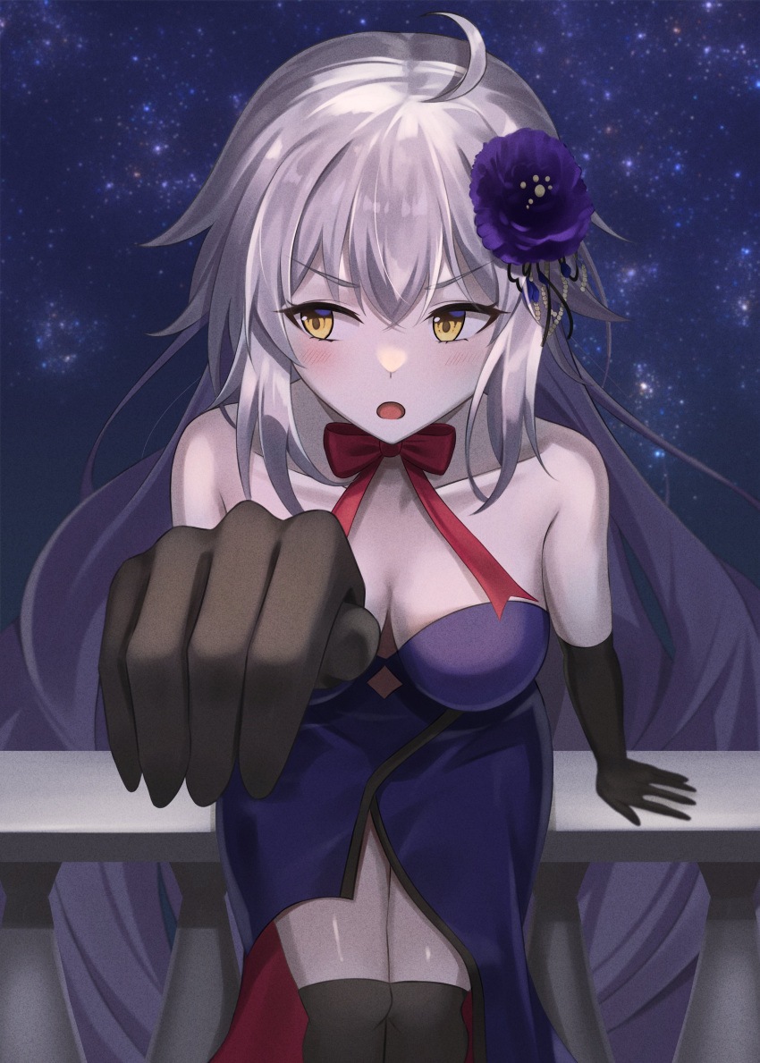 absurdres ahoge bare_shoulders black_flower black_gloves black_thighhighs blush breasts cleavage collarbone commentary_request dress elbow_gloves fate/grand_order fate_(series) female flower formal gloves grey_hair hair_between_eyes hair_flower hair_ornament highres jeanne_d'arc_alter_(fate) large_breasts long_hair looking_to_the_side official_alternate_costume purple_dress reaching reaching_towards_viewer sitting solo strapless strapless_dress thighhighs very_long_hair yellow_eyes yuyuenimo